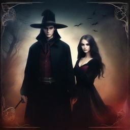 Design a book cover featuring a male witch and a young female vampire