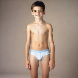 Create a photo of a 12-year-old boy wearing tight-fitting underwear