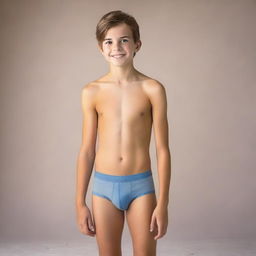 Create a photo of a 12-year-old boy wearing tight-fitting underwear