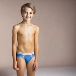 Create a photo of a 12-year-old boy wearing tight-fitting underwear