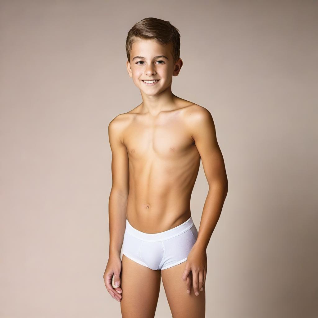 Create a photo of a 12-year-old boy wearing tight-fitting underwear