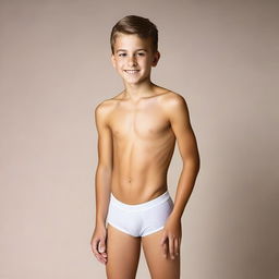 Create a photo of a 12-year-old boy wearing tight-fitting underwear