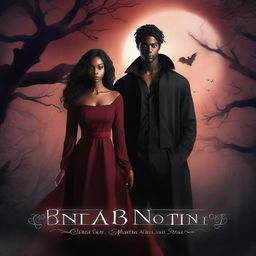 Design a book cover featuring an interracial couple: a male witch and a young female vampire