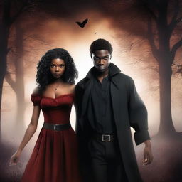 Design a book cover featuring an interracial couple: a male witch and a young female vampire