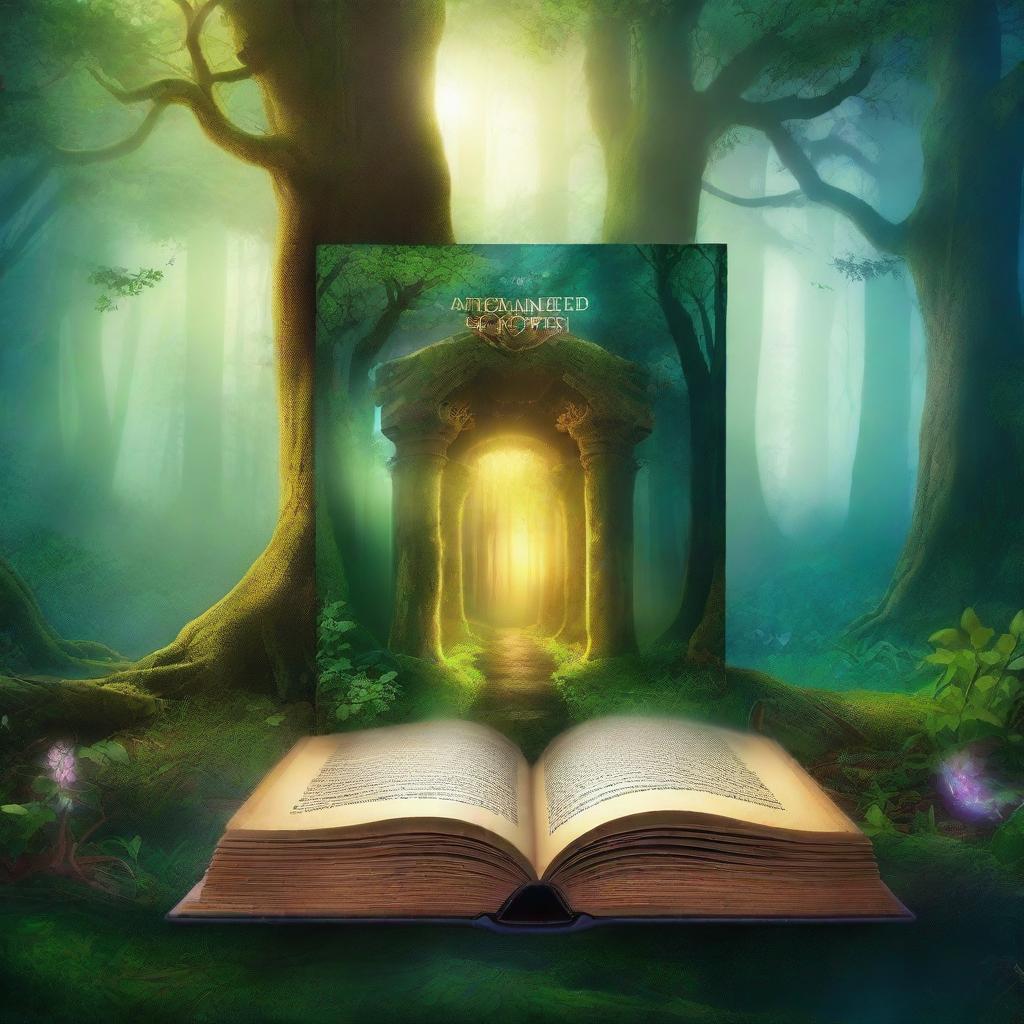 Create a captivating book cover featuring a mystical forest with a hidden ancient temple