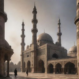 A majestic mosque reimagined in a gaspunk theme, bearing marks of gas masks, worn metals, and a smoky, atmospheric vibe amidst Islamic architecture.