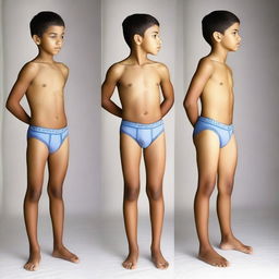 Create a photo of a 12-year-old boy wearing tight-fitting underwear, standing sideways