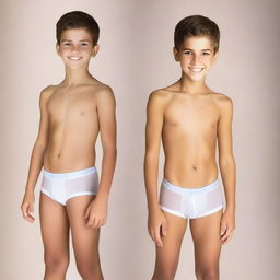 Create a photo of a 12-year-old boy wearing tight-fitting underwear, standing sideways