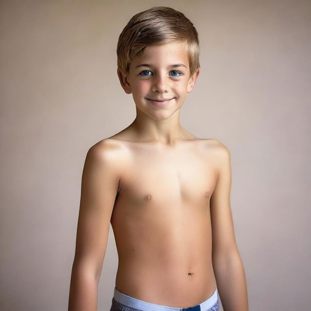 Create a photo of a 12-year-old boy wearing tight-fitting underwear, standing sideways