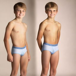 Create a photo of a 12-year-old boy wearing tight-fitting underwear, standing sideways