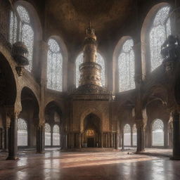 A majestic mosque reimagined in a gaspunk theme, bearing marks of gas masks, worn metals, and a smoky, atmospheric vibe amidst Islamic architecture.