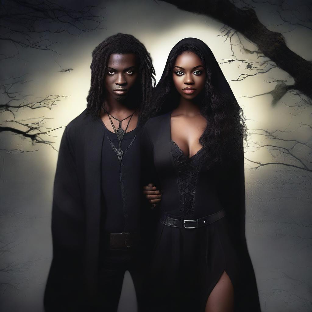 Design a book cover featuring an interracial couple: a male witch and a young female vampire