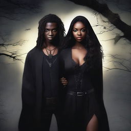 Design a book cover featuring an interracial couple: a male witch and a young female vampire