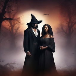 Design a book cover featuring an interracial couple: a male witch and a young female vampire