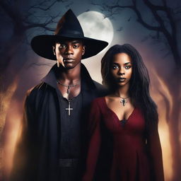 Design a book cover featuring an interracial couple: a male witch and a young female vampire