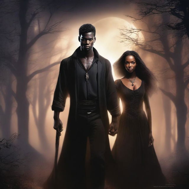 Design a book cover featuring an interracial couple: a male witch and a young female vampire