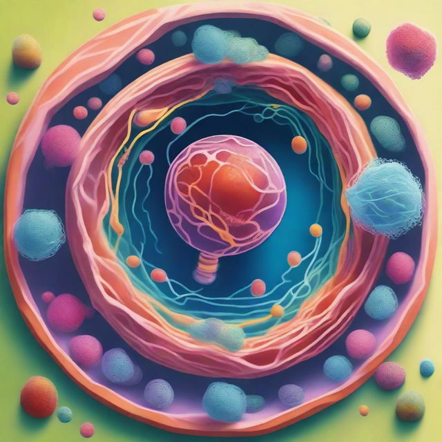 Visualize a person swimming inside an animal cell, navigating through various cellular components like the nucleus, mitochondria, and endoplasmic reticulum