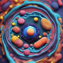 Visualize a person swimming inside an animal cell, navigating through various cellular components like the nucleus, mitochondria, and endoplasmic reticulum