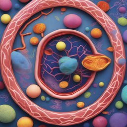 Visualize a person swimming inside an animal cell, navigating through various cellular components like the nucleus, mitochondria, and endoplasmic reticulum