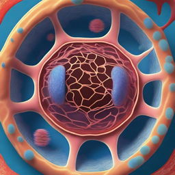 Visualize a person swimming inside an animal cell, navigating through various cellular components like the nucleus, mitochondria, and endoplasmic reticulum