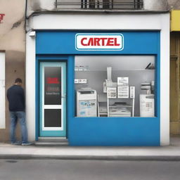 Create an image of a cellphone repair shop called 'Cartel, MI Tienda'