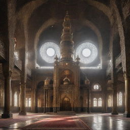 A majestic mosque reimagined in a gaspunk theme, bearing marks of gas masks, worn metals, and a smoky, atmospheric vibe amidst Islamic architecture.