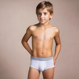 Create a photo of a 12-year-old boy wearing tight-fitting underwear