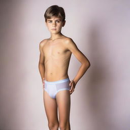 Create a photo of a 12-year-old boy wearing tight-fitting underwear