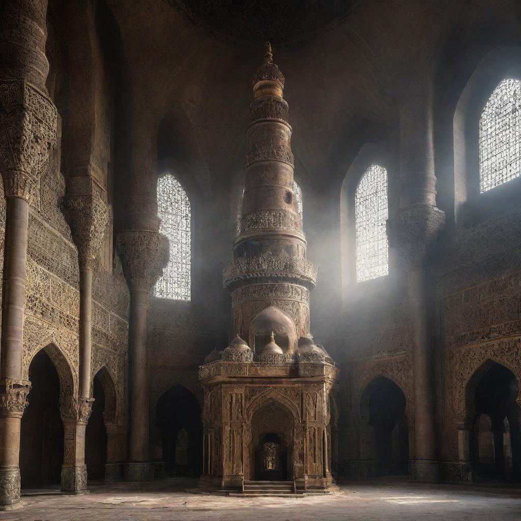 A majestic mosque reimagined in a gaspunk theme, bearing marks of gas masks, worn metals, and a smoky, atmospheric vibe amidst Islamic architecture.