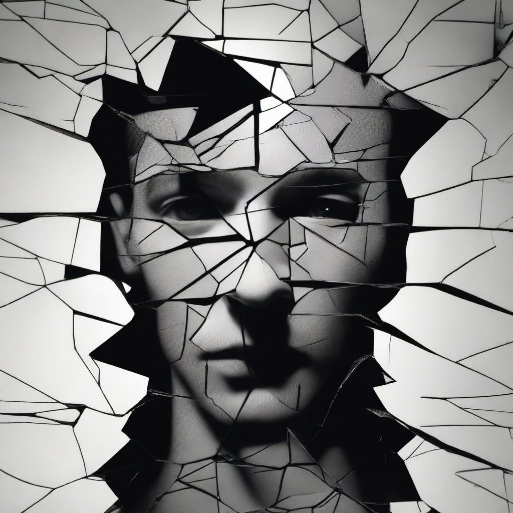 A cracked mirror as the central image, with the cracks arranged in a way that fragments a reflection into multiple distorted pieces