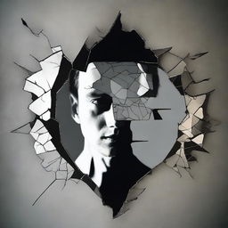 A cracked mirror as the central image, with the cracks arranged in a way that fragments a reflection into multiple distorted pieces