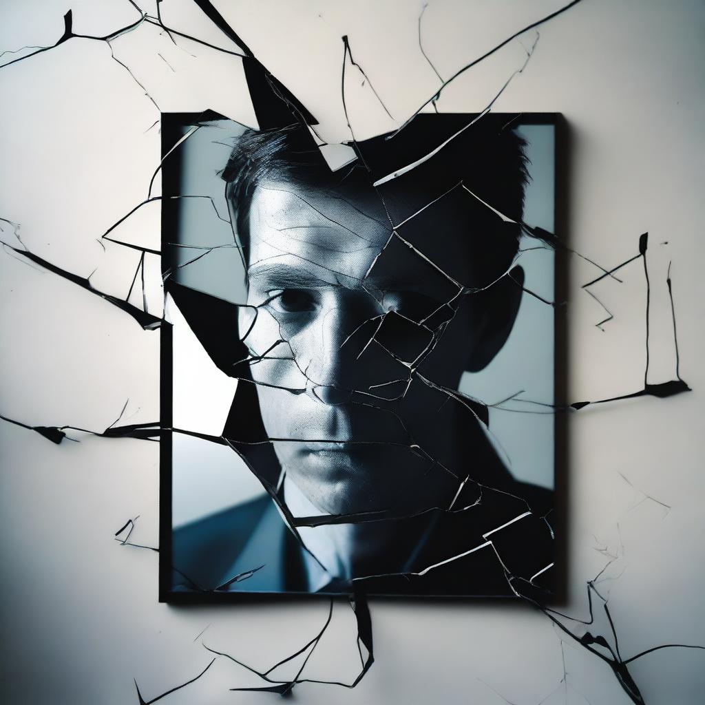 A cracked mirror as the central image, with the cracks arranged in a way that fragments a reflection into multiple distorted pieces