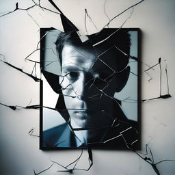 A cracked mirror as the central image, with the cracks arranged in a way that fragments a reflection into multiple distorted pieces