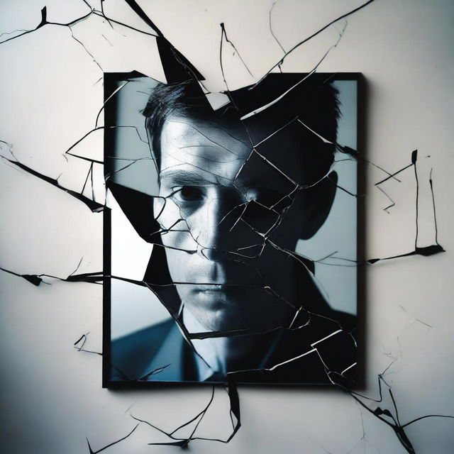 A cracked mirror as the central image, with the cracks arranged in a way that fragments a reflection into multiple distorted pieces