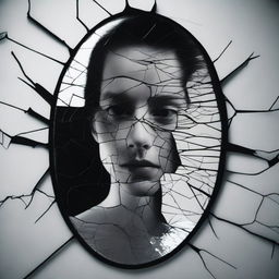 A cracked mirror as the central image, with the cracks arranged in a way that fragments a reflection into multiple distorted pieces