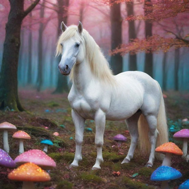 A mystical scene featuring a luminous unicorn with shimmering mane, standing near an enchanting mushroom forest with vibrant colored caps.