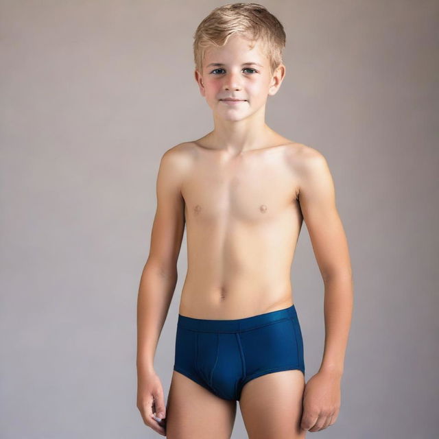 Create a photo of a 12-year-old boy wearing tight-fitting, wet underwear, standing sideways