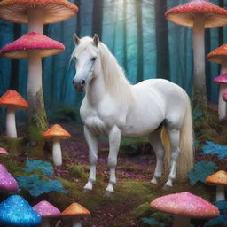 A mystical scene featuring a luminous unicorn with shimmering mane, standing near an enchanting mushroom forest with vibrant colored caps.