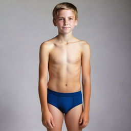 Create a photo of a 12-year-old boy wearing tight-fitting, wet underwear, standing sideways