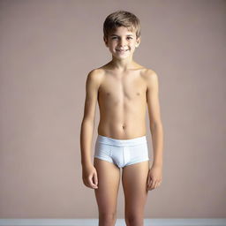 Create a photo of a 12-year-old boy wearing tight-fitting, wet underwear, standing sideways