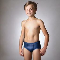 Create a photo of a 12-year-old boy wearing tight-fitting, wet underwear, standing sideways