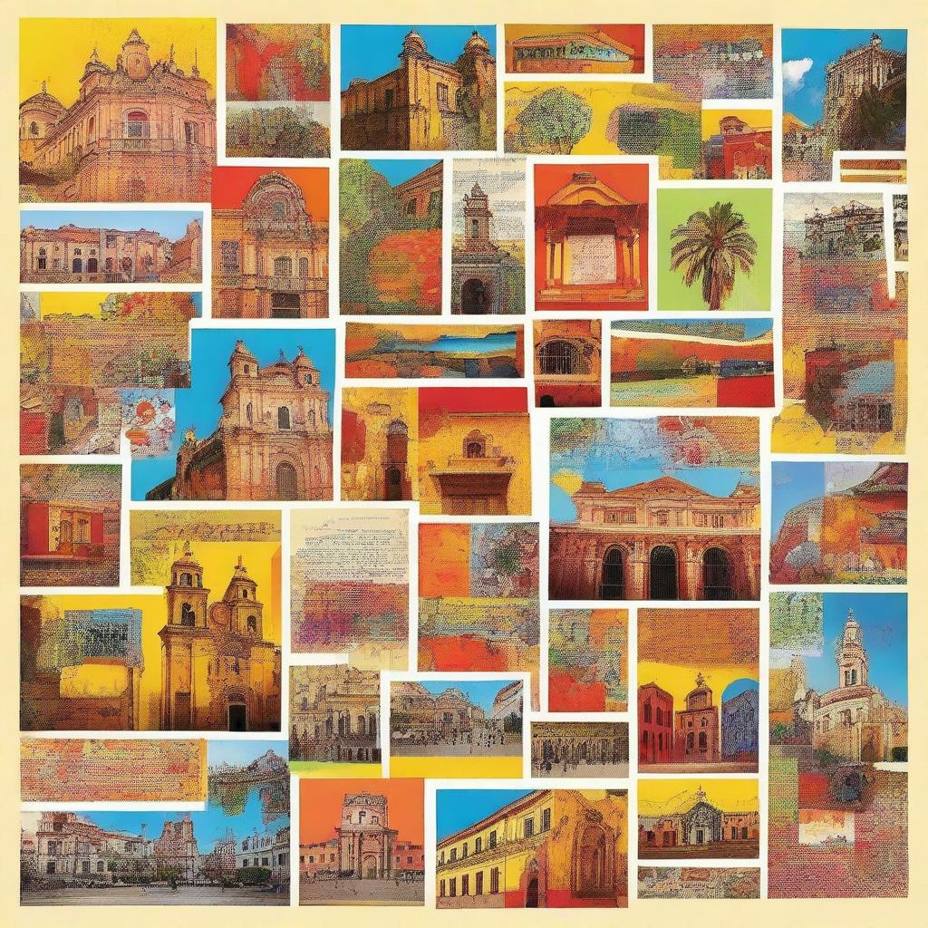 Create a vibrant collage featuring various images and elements with Spanish text written on it