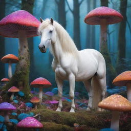 A mystical scene featuring a luminous unicorn with shimmering mane, standing near an enchanting mushroom forest with vibrant colored caps.