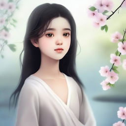 A young girl with dark hair and black eyes, standing in a serene environment