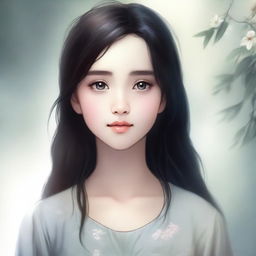 A young girl with dark hair and black eyes, standing in a serene environment