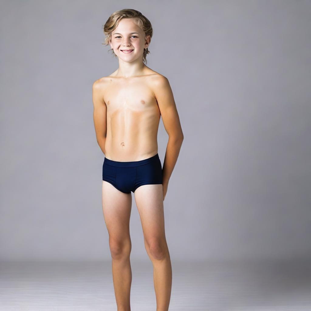 Create a photo of a 12-year-old boy wearing tight-fitting, wet underwear, standing sideways