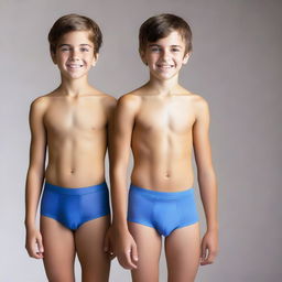 Create a photo of a 12-year-old boy wearing tight-fitting, wet underwear, standing sideways