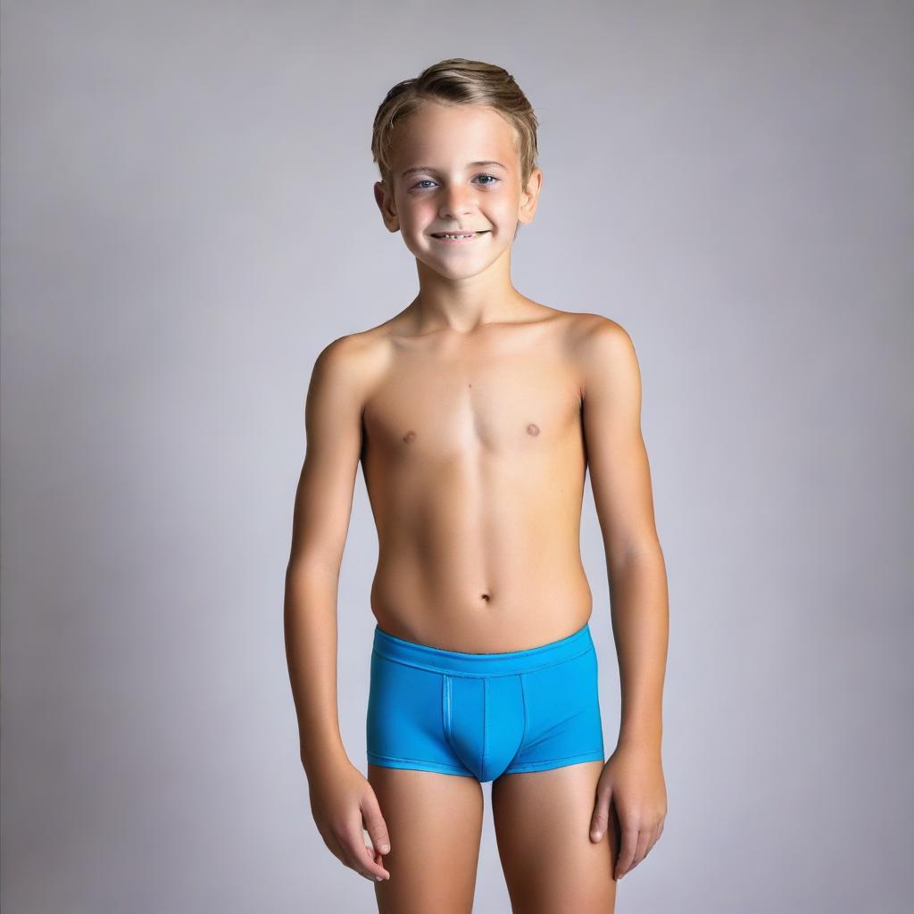 Create a photo of a 12-year-old boy wearing tight-fitting, wet underwear, standing sideways