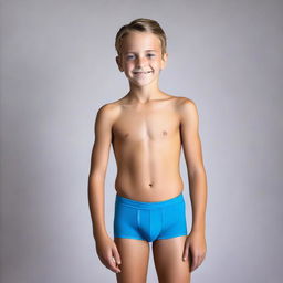 Create a photo of a 12-year-old boy wearing tight-fitting, wet underwear, standing sideways