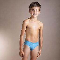 Create a photo of a 12-year-old boy wearing tight-fitting, wet underwear, standing sideways